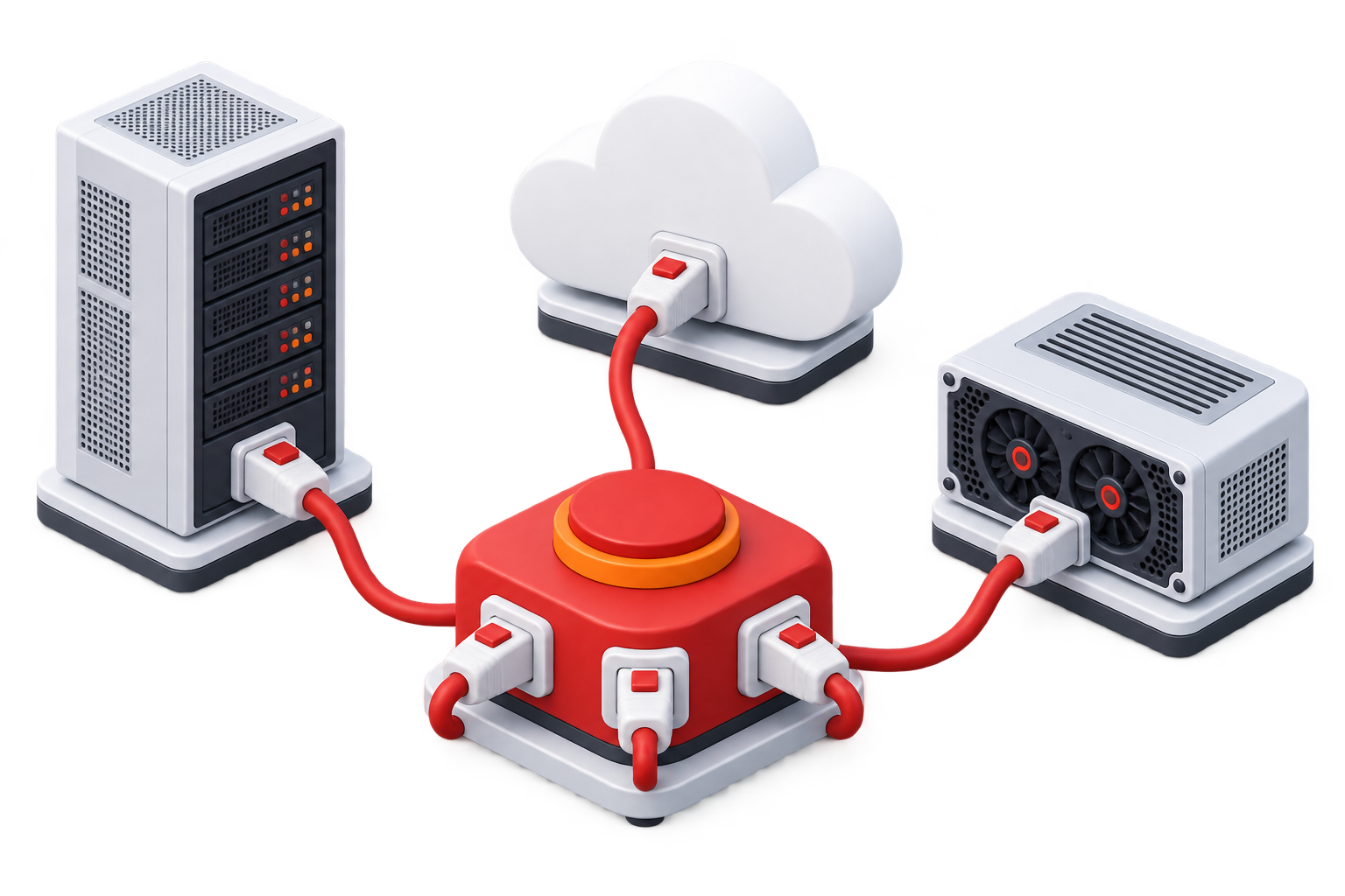 One gateway hub plugged into a server rack, a cloud and a GPU server