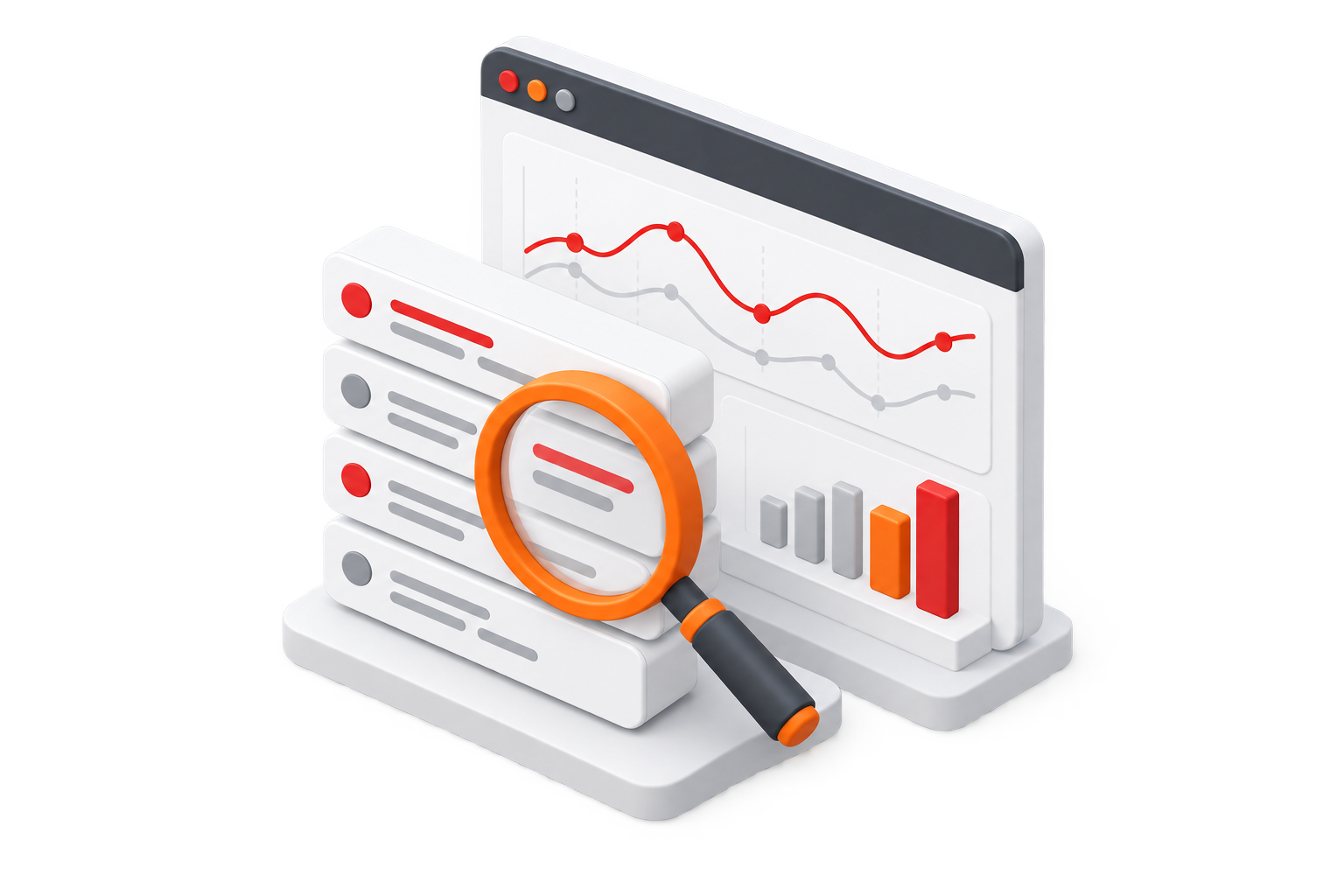 Dashboard, log entries and a magnifying glass